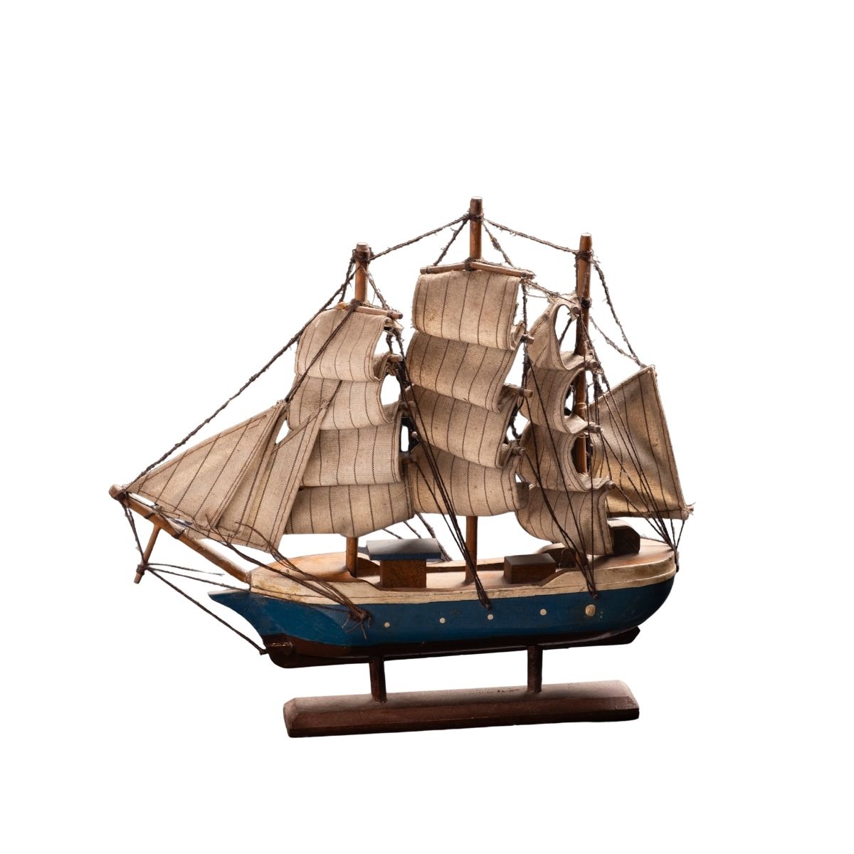 Vintage Wooden Sailing Ship Model with Blue Hull and Cream Sails