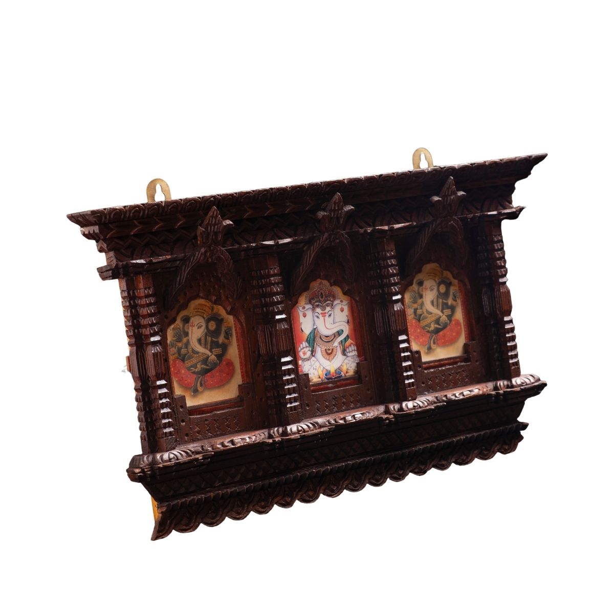 Intricately Carved Wooden Ganesha Wall-Mounted Shrine
