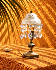 Vintage Brass Table Lamp with Crystal Drops and Etched Glass Shade