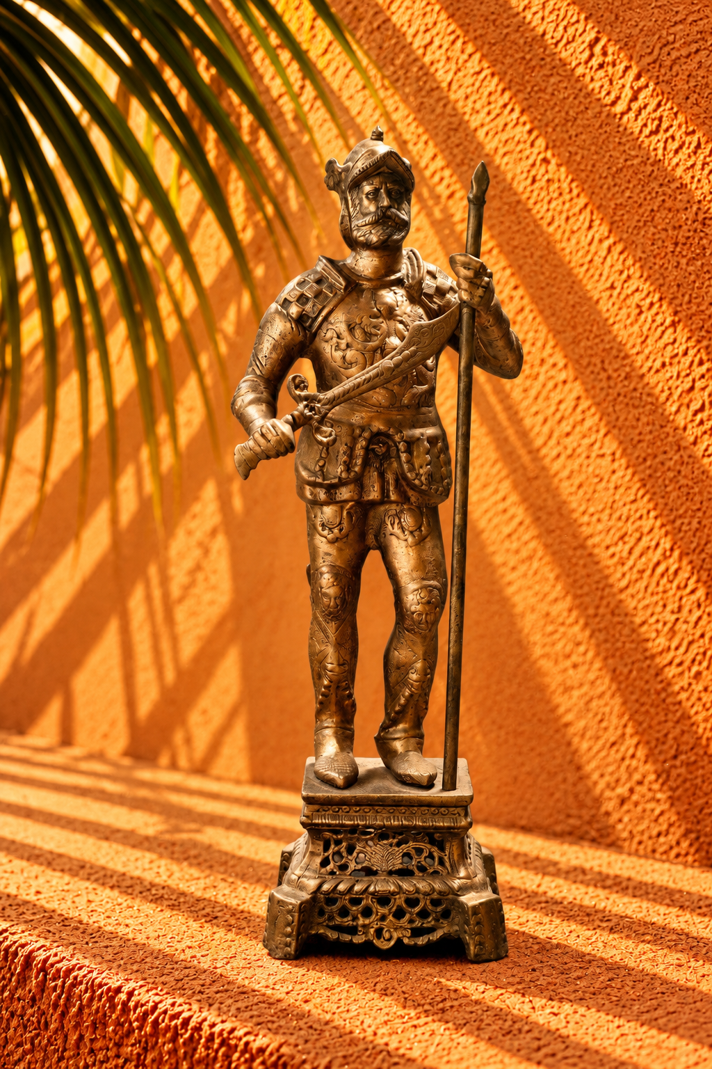 Antique Bronze Warrior Statue with Sword and Spear – Ornate Decorative Sculpture