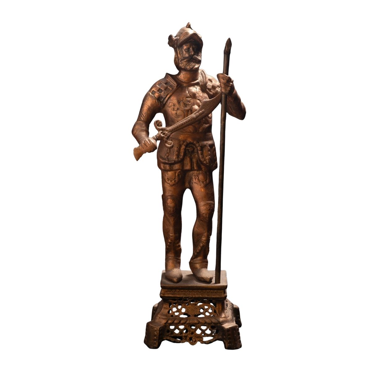 Antique Bronze Warrior Statue with Sword and Spear – Ornate Decorative Sculpture