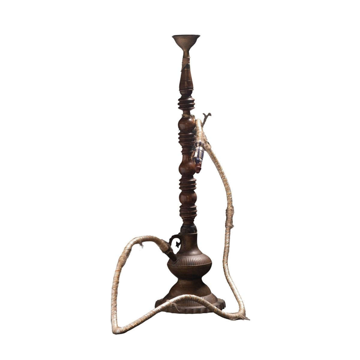 Antique Brass and Wood Hookah – Traditional Ornate Shisha with Decorative Curved Hose