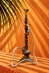 Antique Brass and Wood Hookah – Traditional Ornate Shisha with Decorative Curved Hose