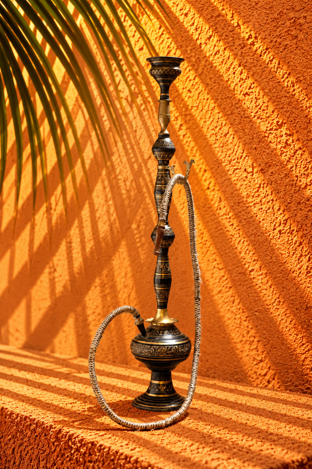 Antique Black and Brass Hookah – Ornate Traditional Shisha with Decorative Hose