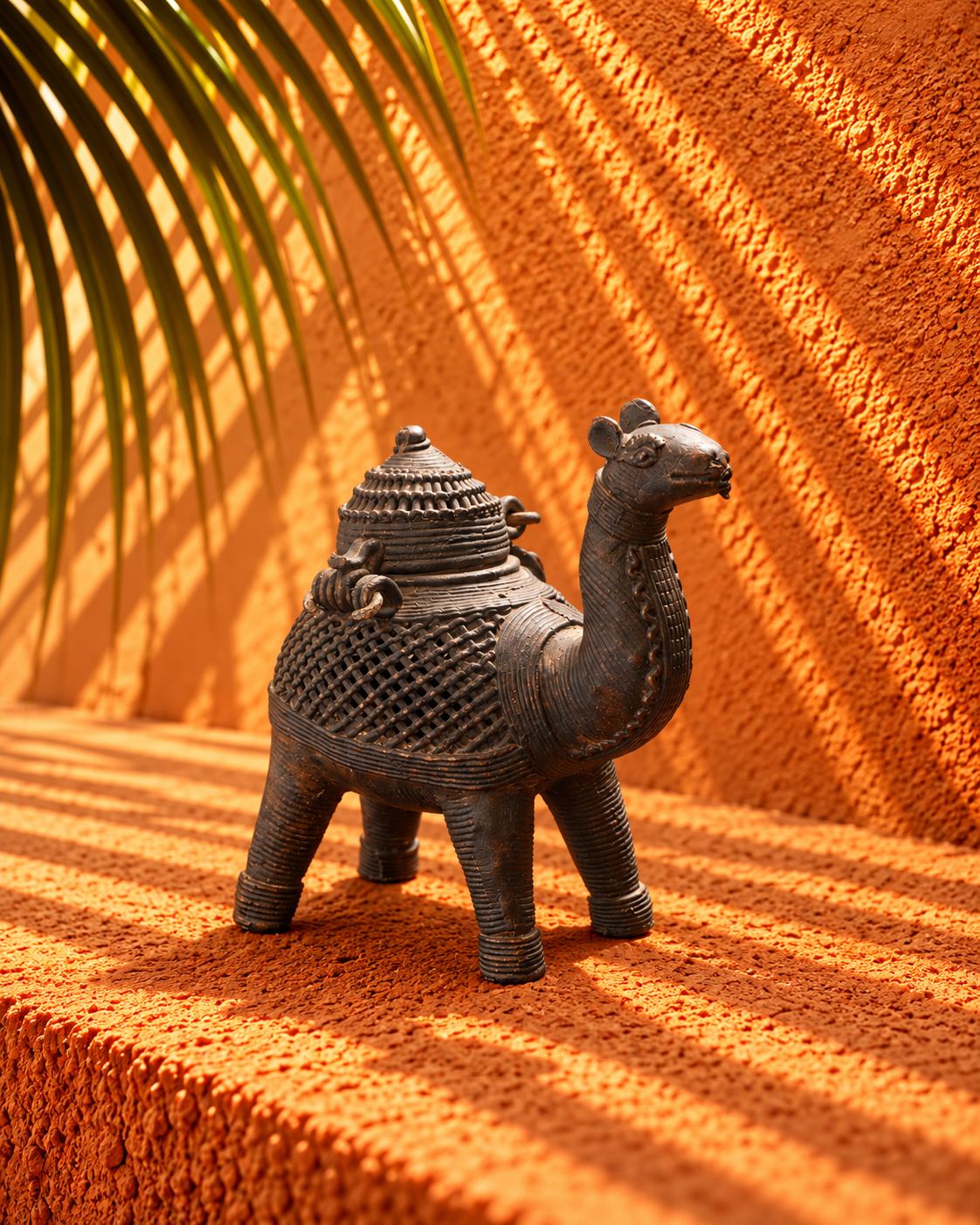 Antique Metal Camel Sculpture with Ornate Latticework – Traditional Decorative Collectible