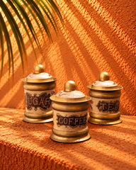 Vintage Ceramic Coffee, Tea & Sugar Canister Set with Antique Brass Accents