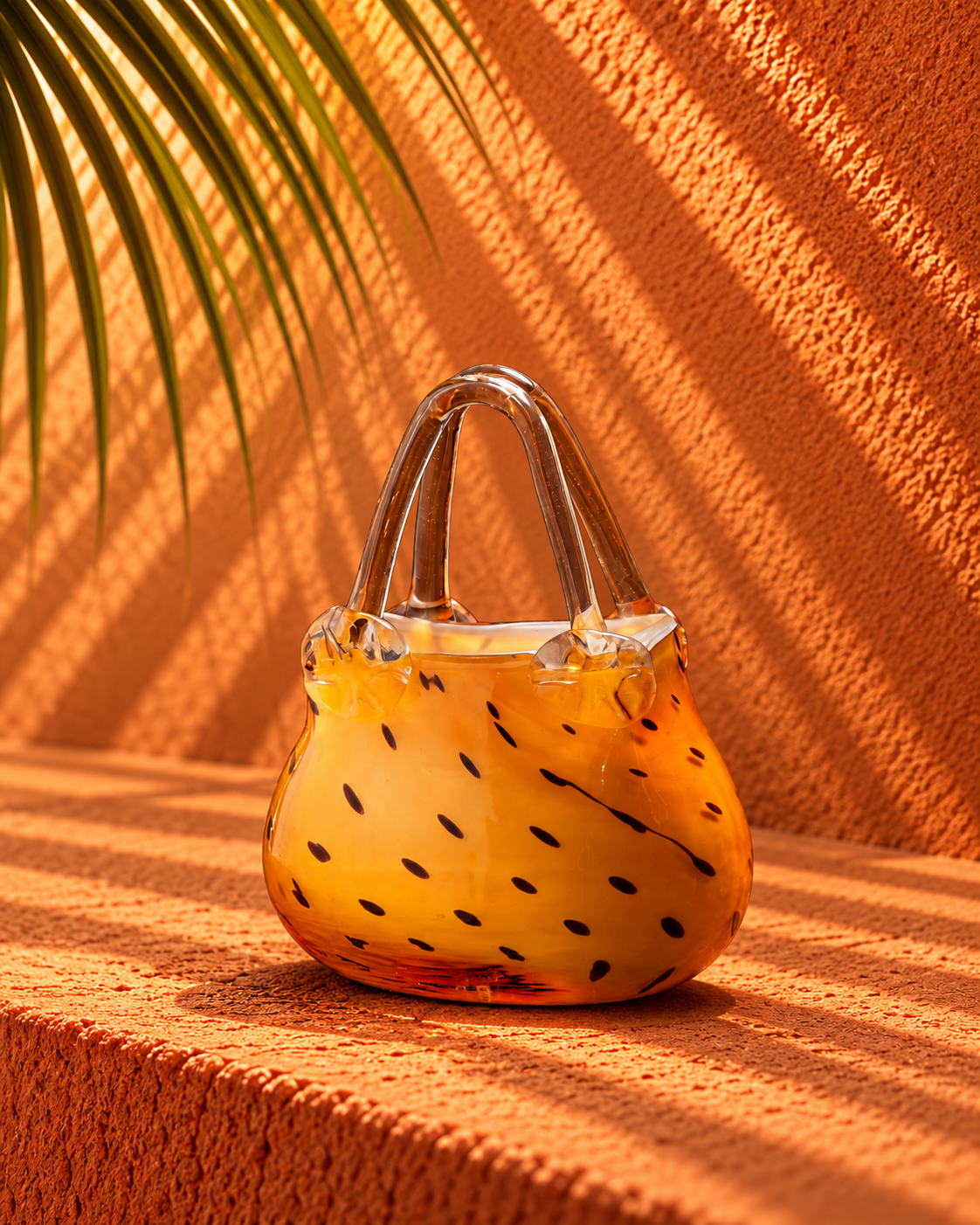 Amber Glass Handbag Vase with Artistic Black Speckle Pattern