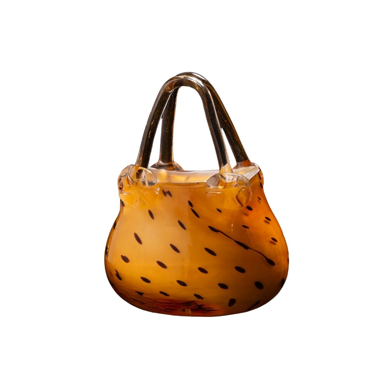 Amber Glass Handbag Vase with Artistic Black Speckle Pattern