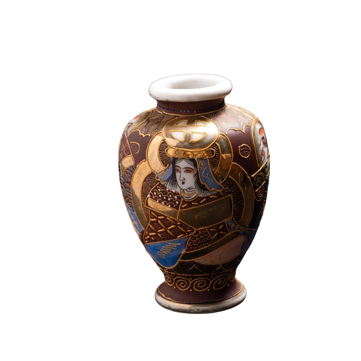 Vintage Japanese Satsuma Ceramic Vase with Gold Figurine Detailing