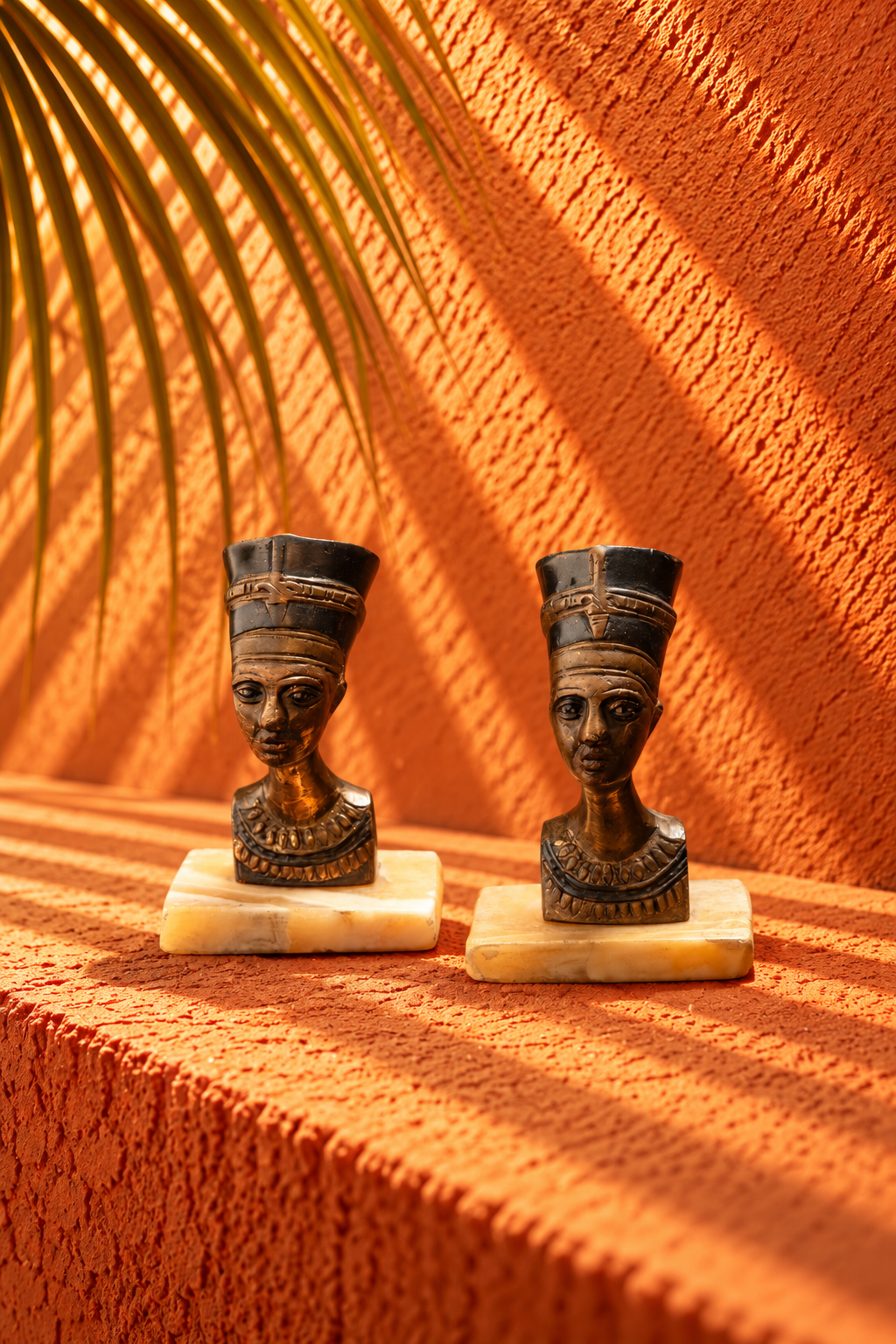 Pair of Antique Egyptian Bronze Bust Sculptures on Stone Bases