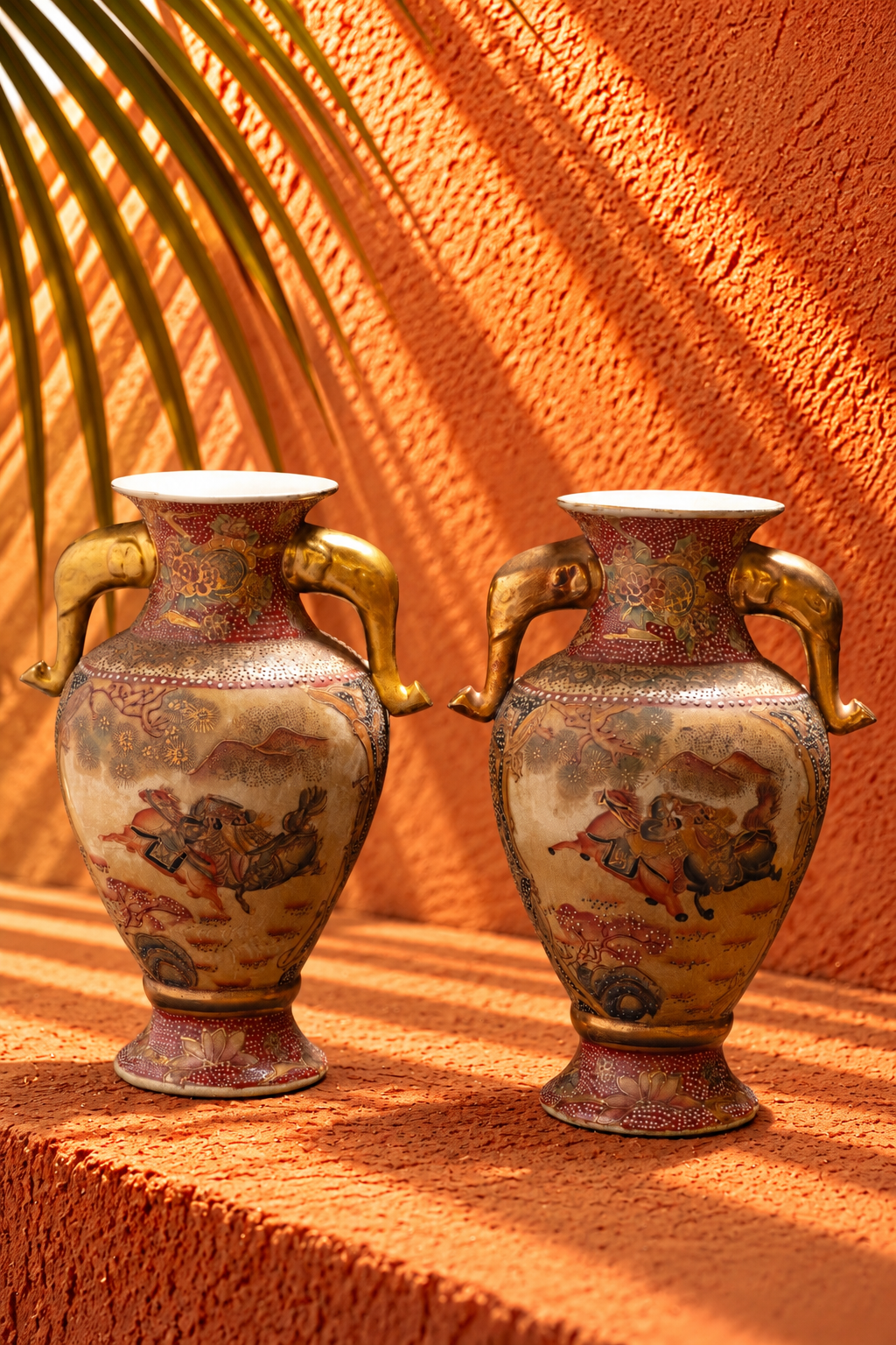 Pair of Antique Japanese-Inspired Ceramic Vases with Gilded Elephant Handles