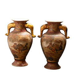 Pair of Antique Japanese-Inspired Ceramic Vases with Gilded Elephant Handles