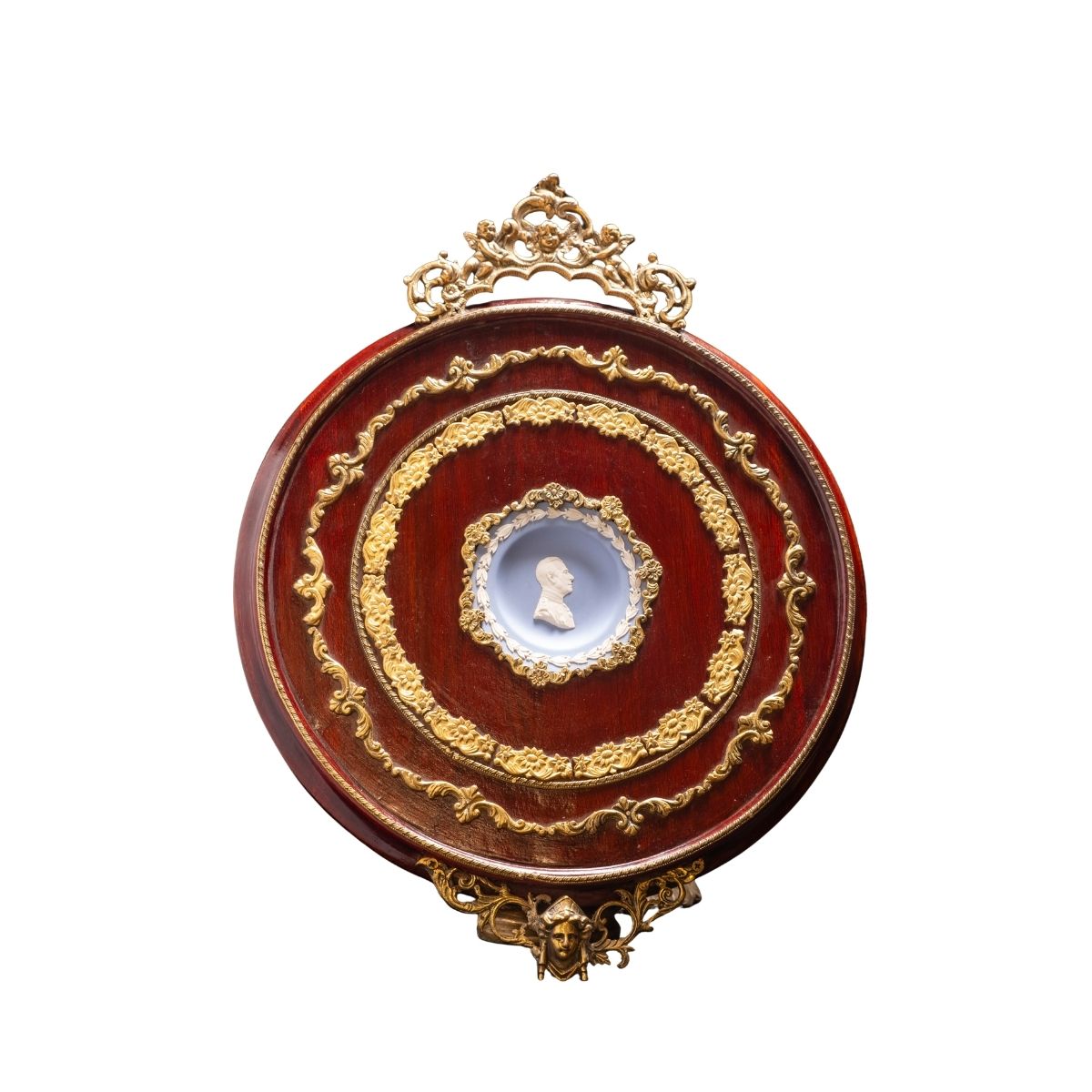 Antique Mahogany Decorative Plaque with Ornate Gold Filigree and Cameo Portrait