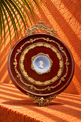 Antique Mahogany Decorative Plaque with Ornate Gold Filigree and Cameo Portrait