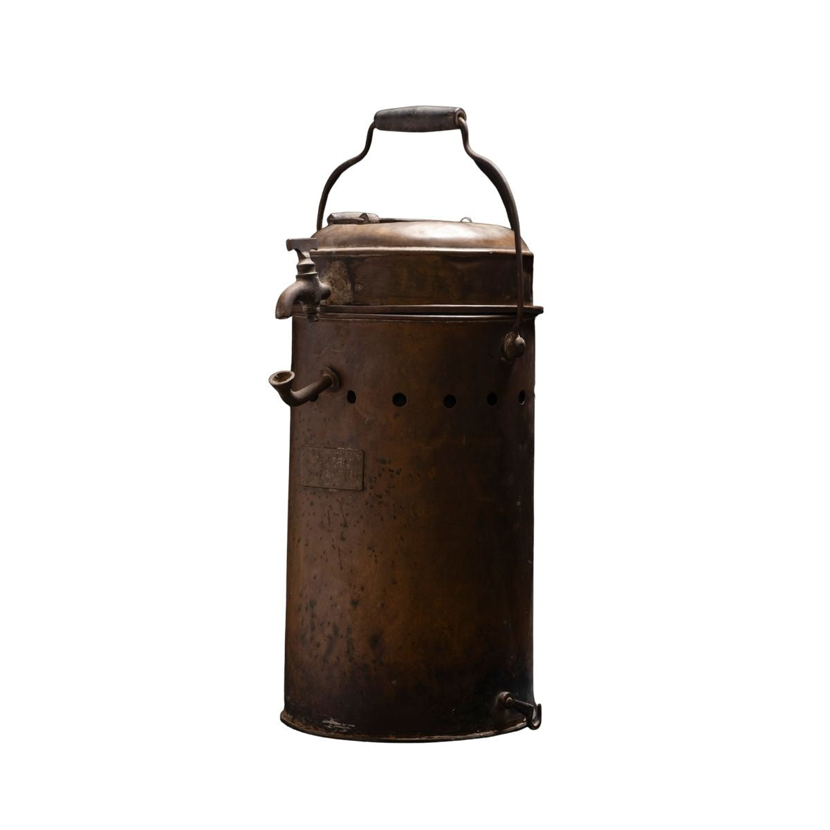 Antique Brass Cylindrical Dispenser – Vintage Metal Vessel with Lid and Spigots