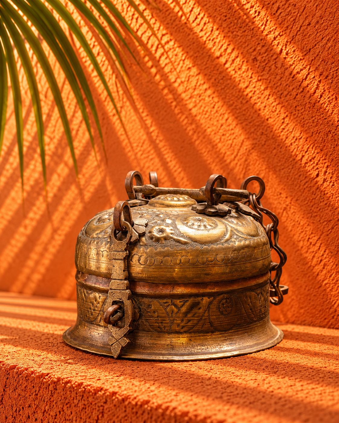 Antique Brass Engraved Lidded Vessel with Decorative Metalwork