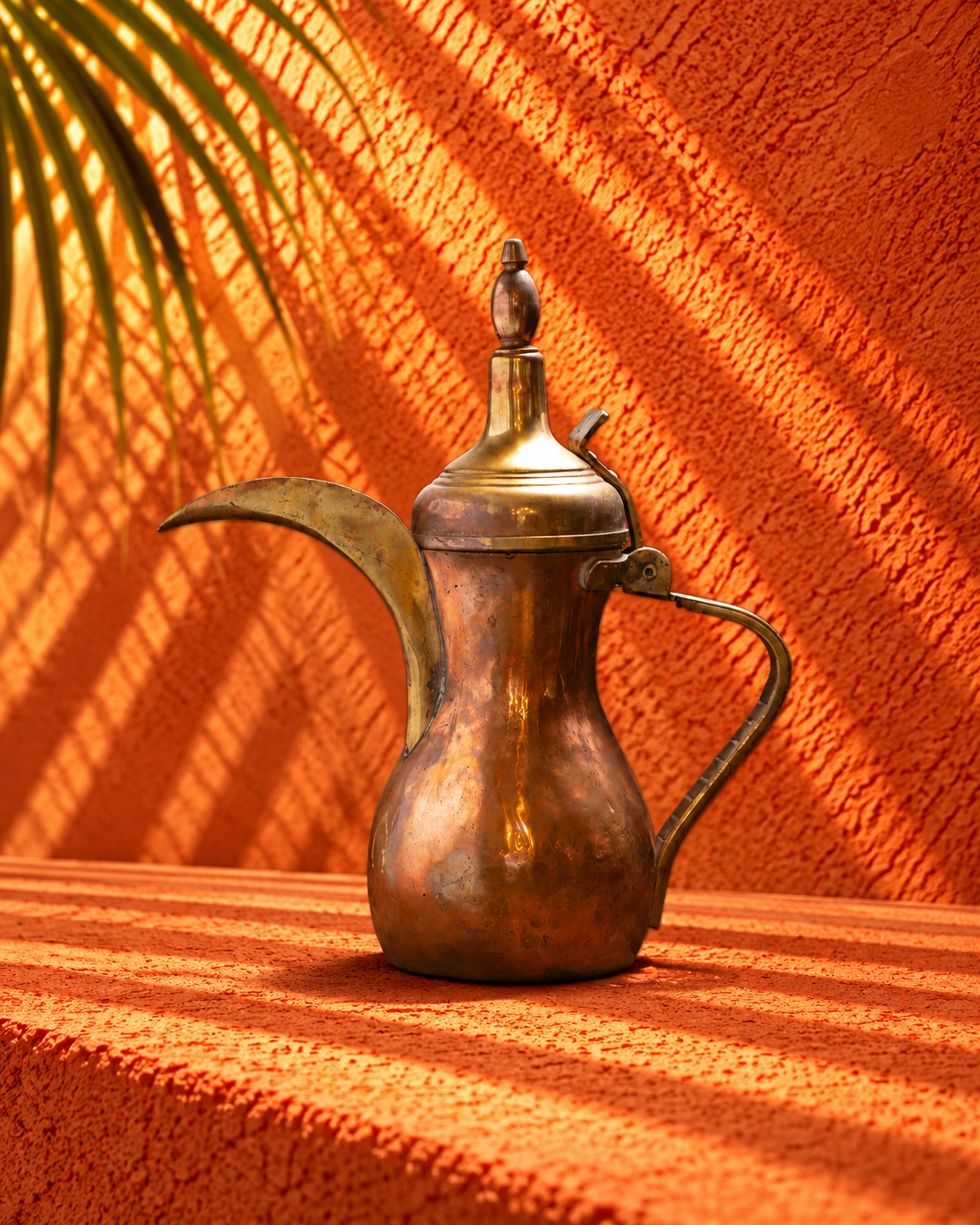 Antique Brass Arabic Dallah Coffee Pot with Traditional Finial Lid