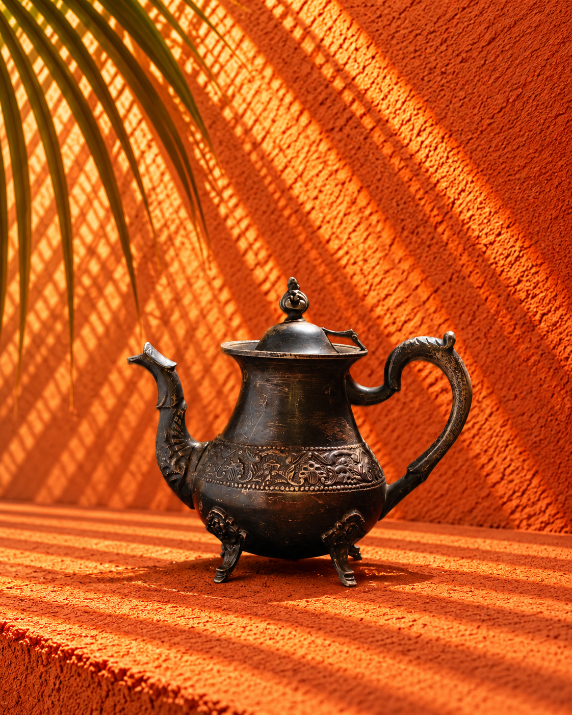 Antique Ornate Metal Teapot with Embossed Floral Detailing