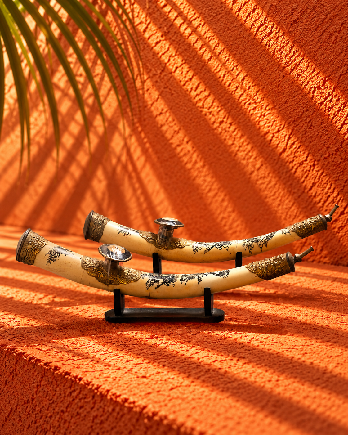 Pair of Decorative Engraved Ivory-Tone Ceremonial Horns with Ornate Brass Fittings