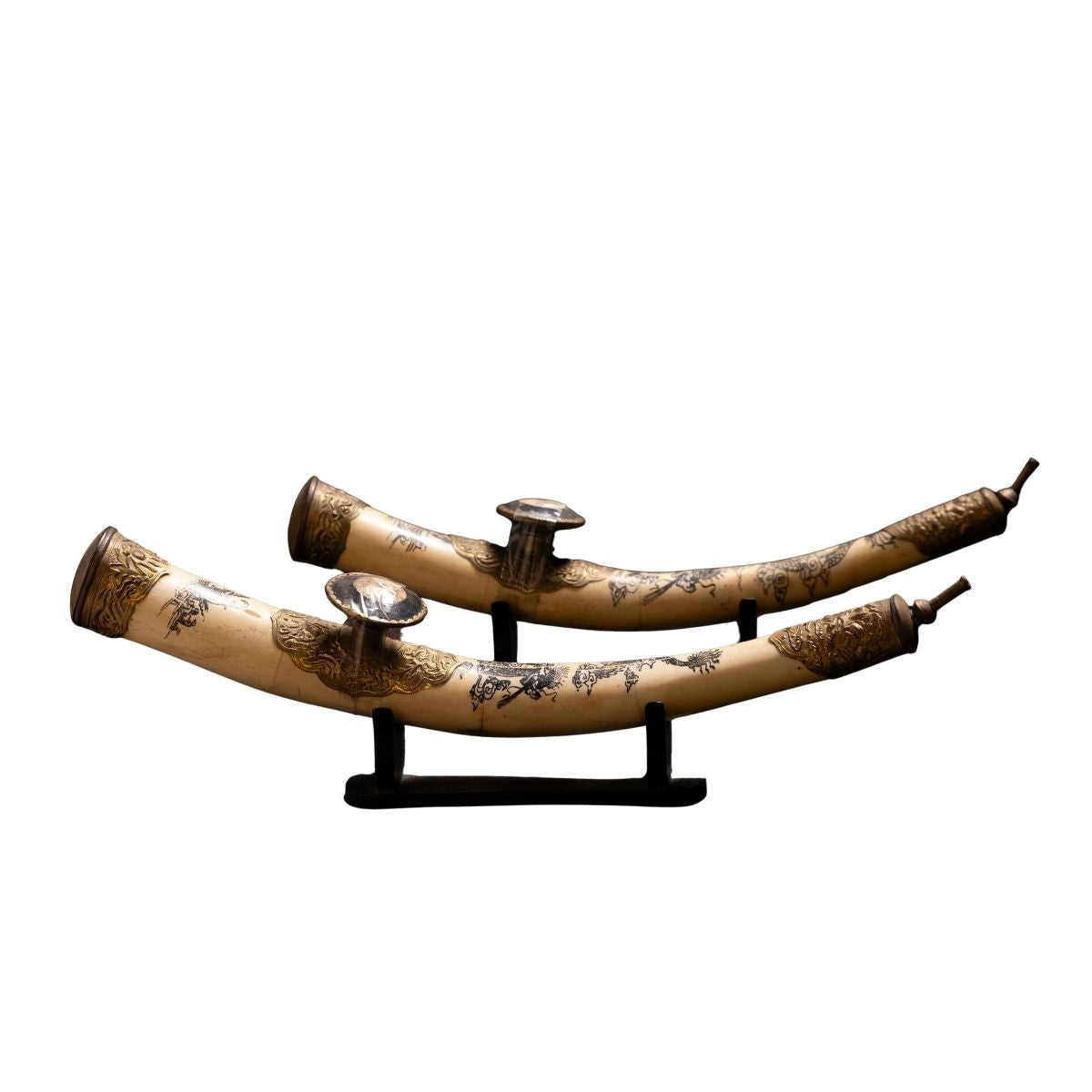 Pair of Decorative Engraved Ivory-Tone Ceremonial Horns with Ornate Brass Fittings