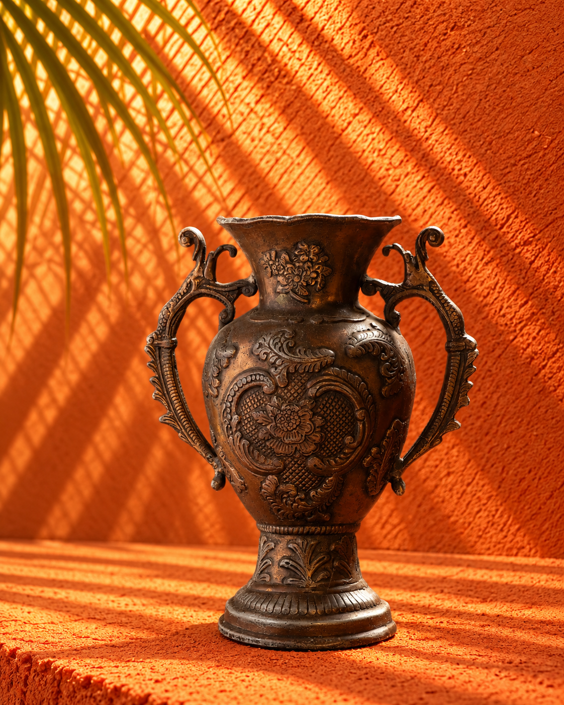Antique Bronze Ornate Urn Vase with Decorative Scroll Handles