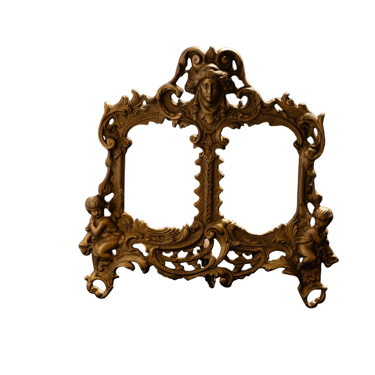 Antique Gold-Tone Ornate Double Photo Frame with Cherub Details