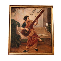 Vintage Indian Classical Painting of a Woman Playing Sitar