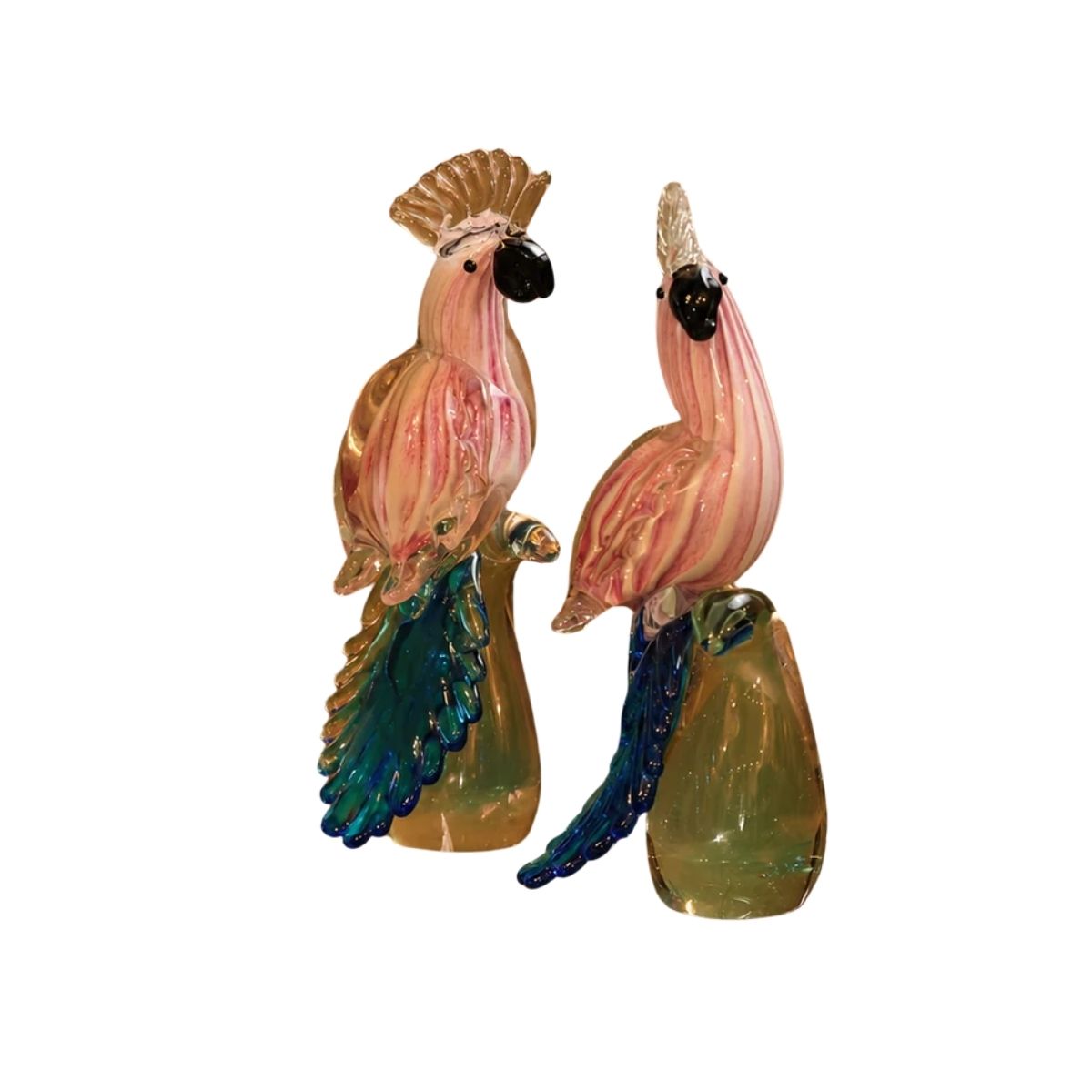 Pair of Murano  Hand-Blown Cockatoo Parrot Glass Sculptures