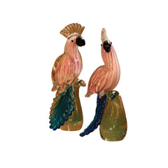 Pair of Murano  Hand-Blown Cockatoo Parrot Glass Sculptures