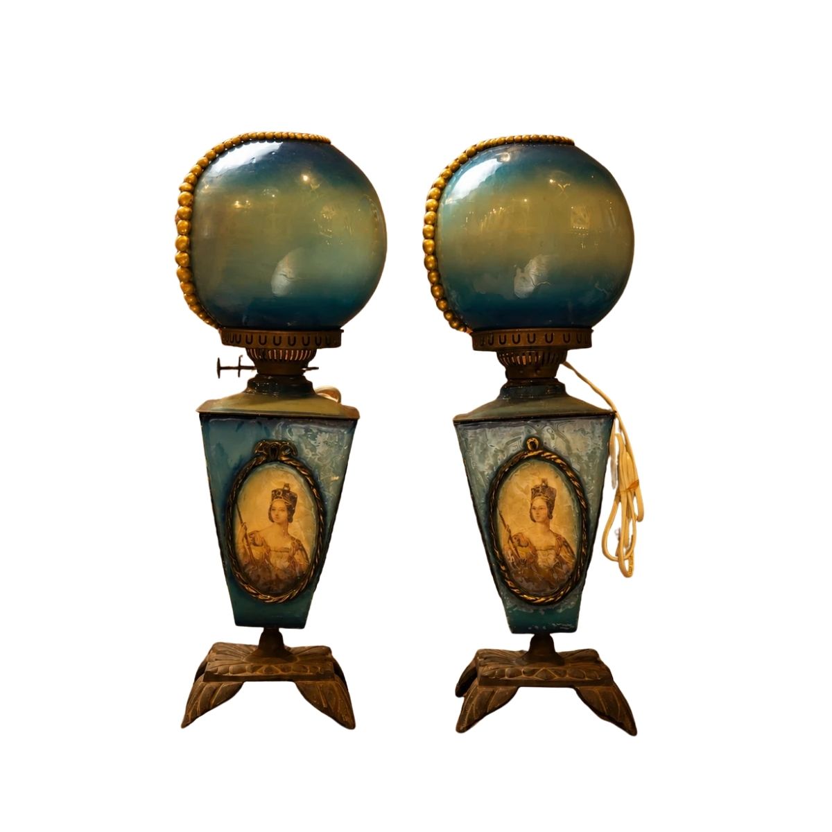 Pair of Antique Victorian Queen Victoria Portrait Banquet Lamps