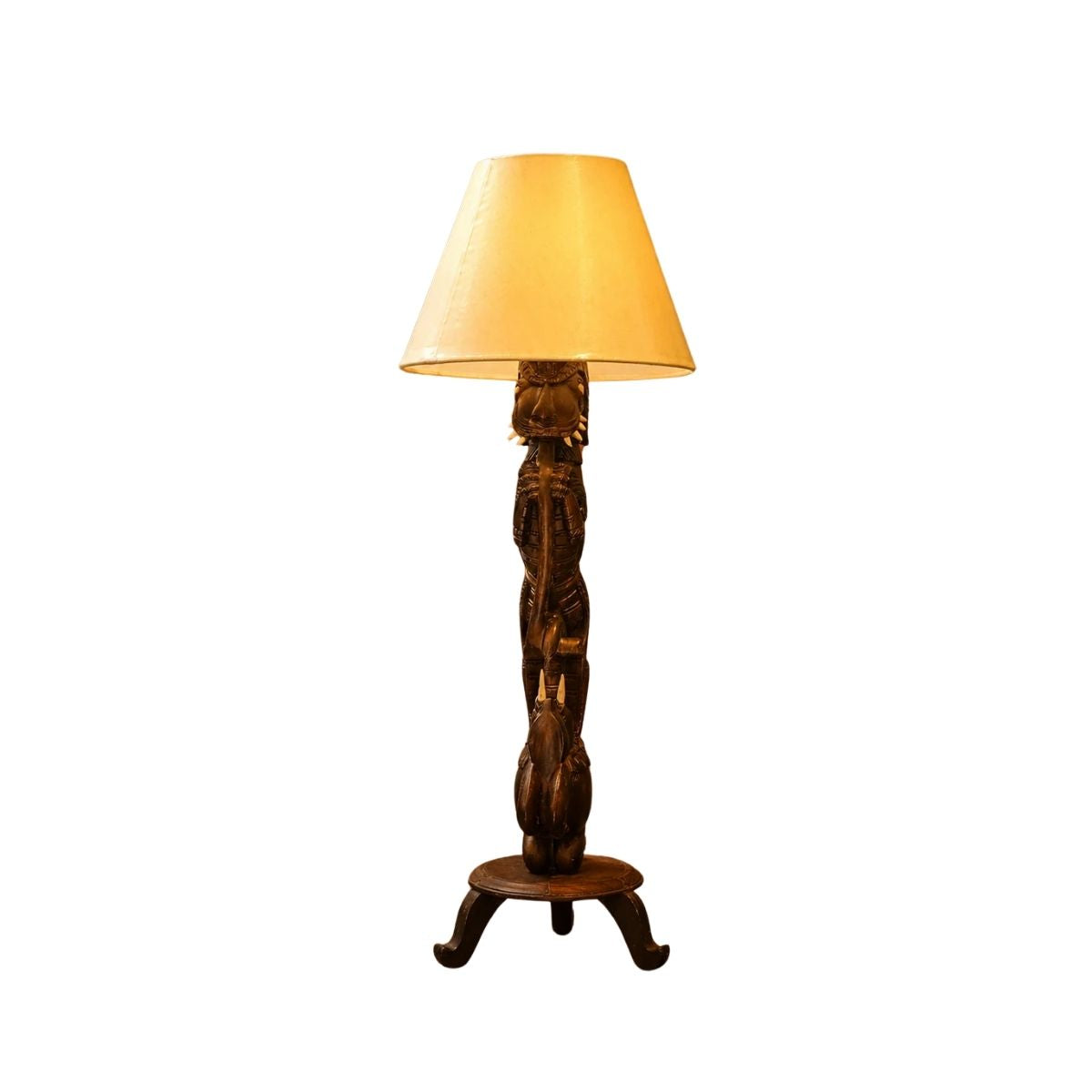 Traditional South Indian Carved Wooden Yali Table Lamp (Vintage) with Shade