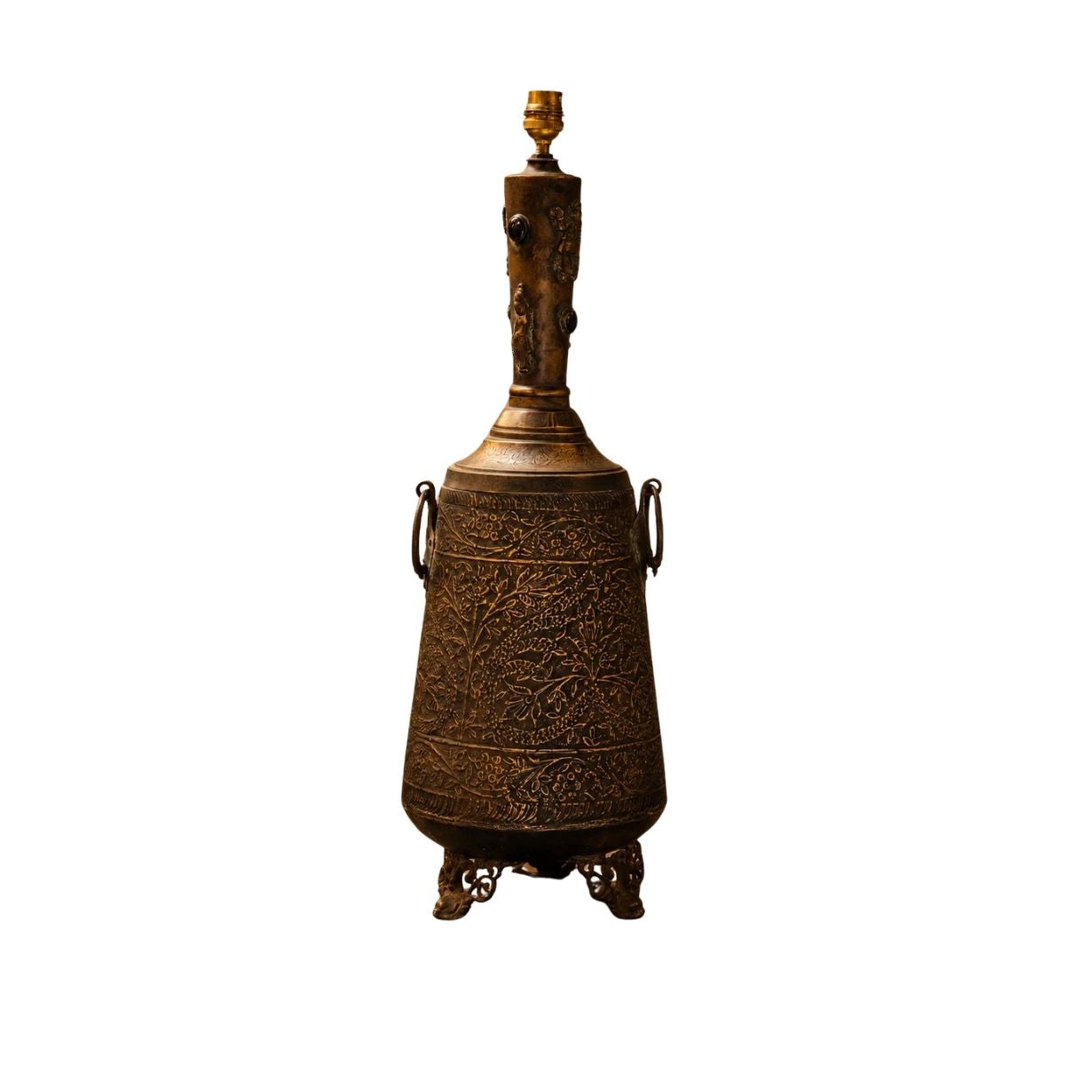 Antique Indo-Persian Carved Brass Urn Table Lamp (brass outside inside wood)