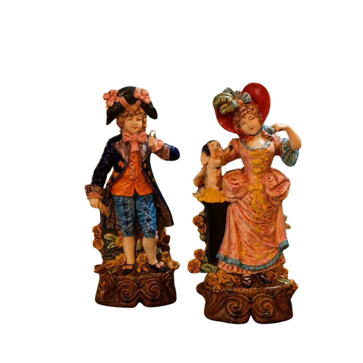 Pair of Antique Bohemian/German Majolica Incroyable and Merveilleuse Figurines