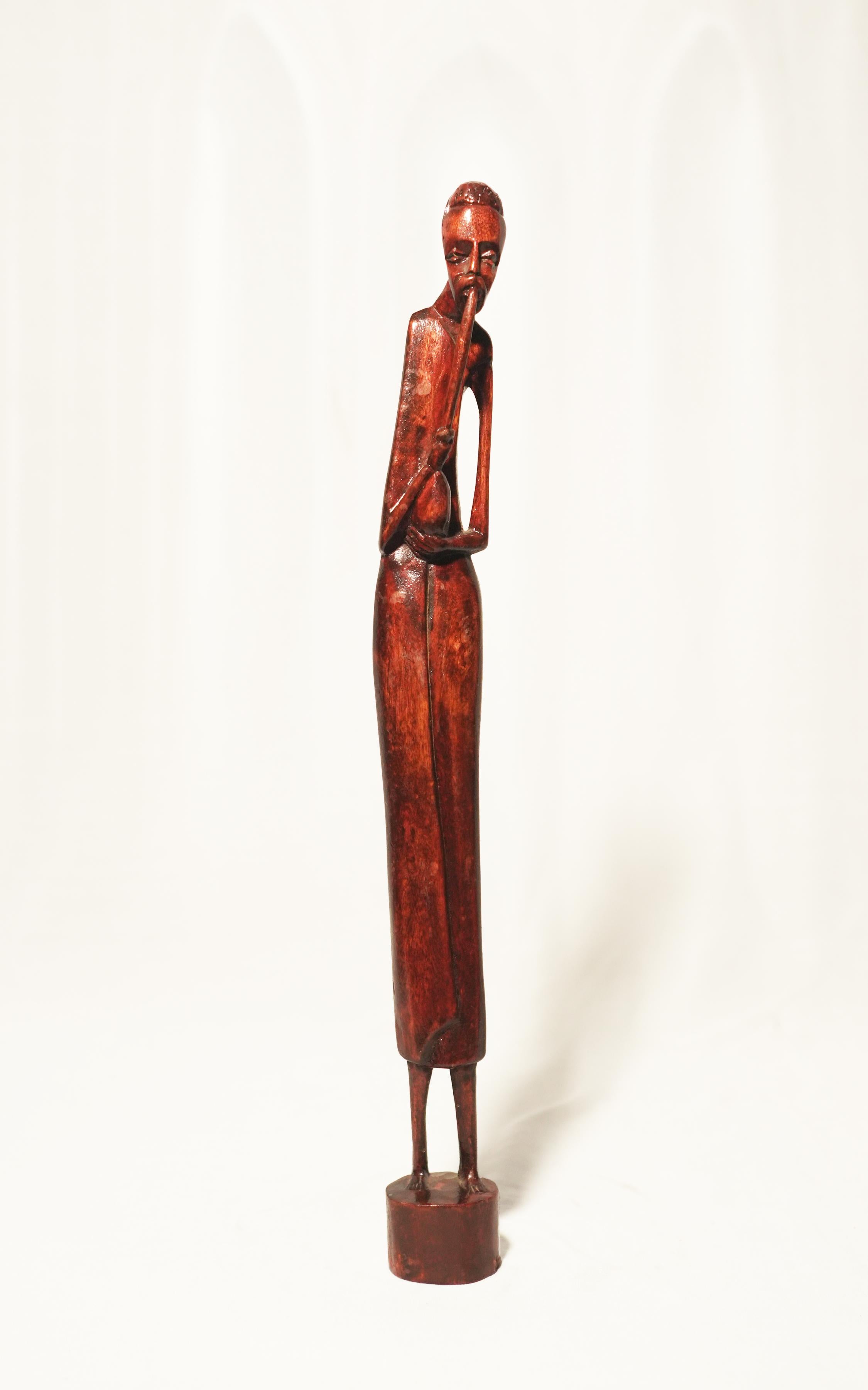 Vintage African Tribal Flute Player Hand-Carved Wood Sculpture