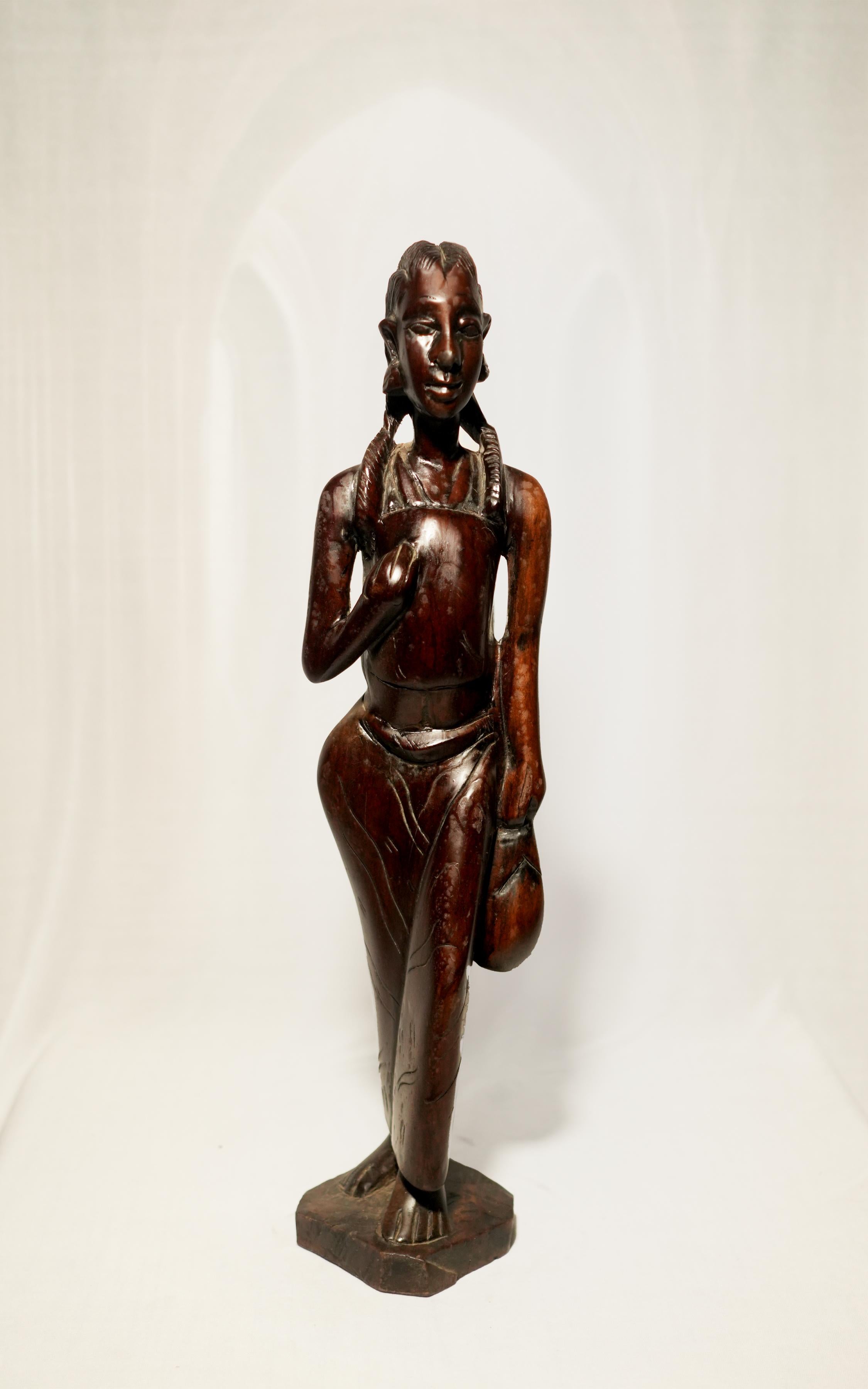 Hand-Carved African Ebony Wood Standing Woman Figurine