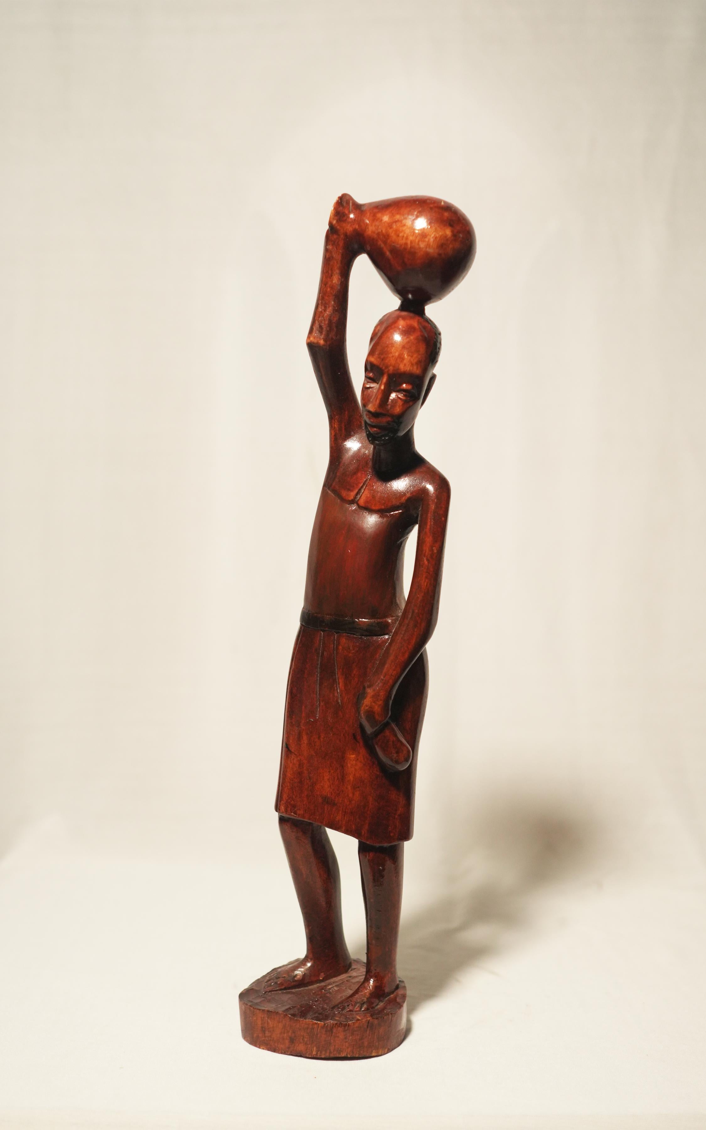 Vintage African Tribal Woman Carrying Water Pot Hand-Carved Wood Sculpture