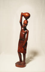 Vintage African Tribal Woman Carrying Water Pot Hand-Carved Wood Sculpture