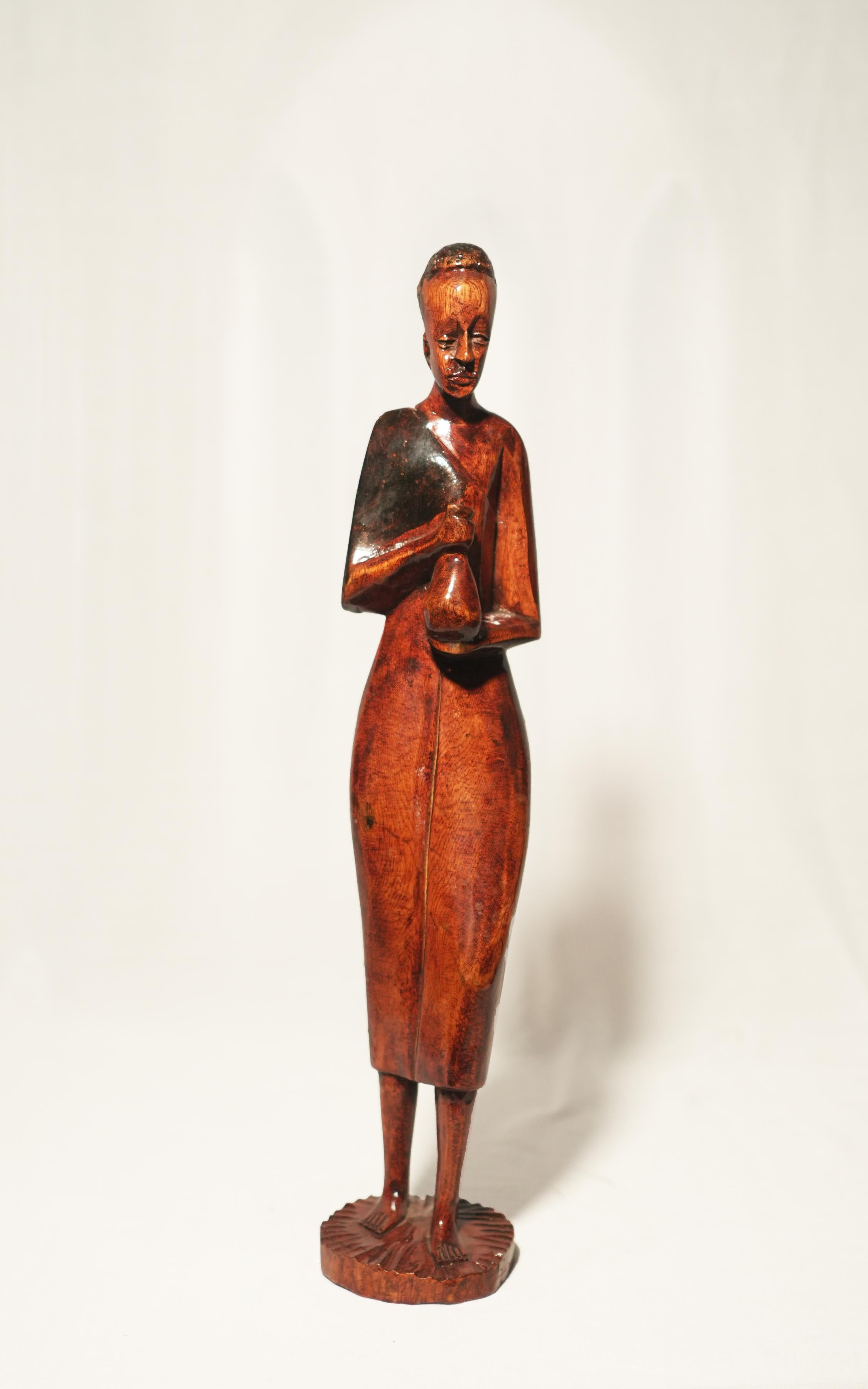 Vintage African Tribal Figure Holding a Water Gourd Hand-Carved Wood Sculpture