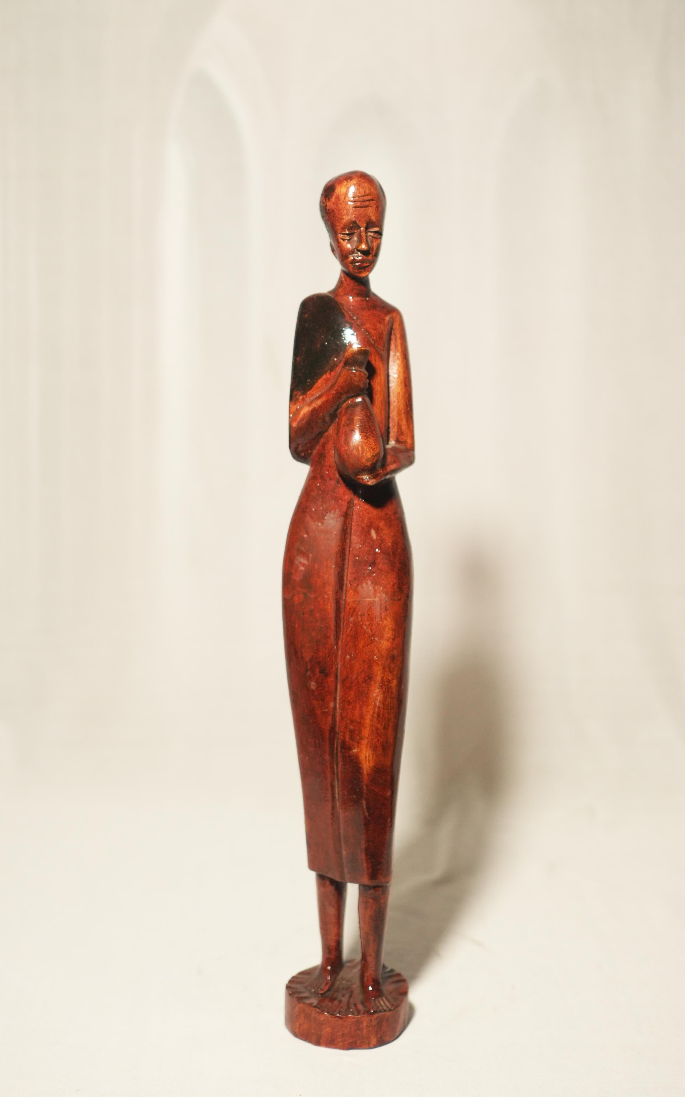 Vintage African Tribal Elder Holding a Water Gourd Hand-Carved Wood Sculpture