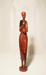 Vintage African Tribal Elder Holding a Water Gourd Hand-Carved Wood Sculpture