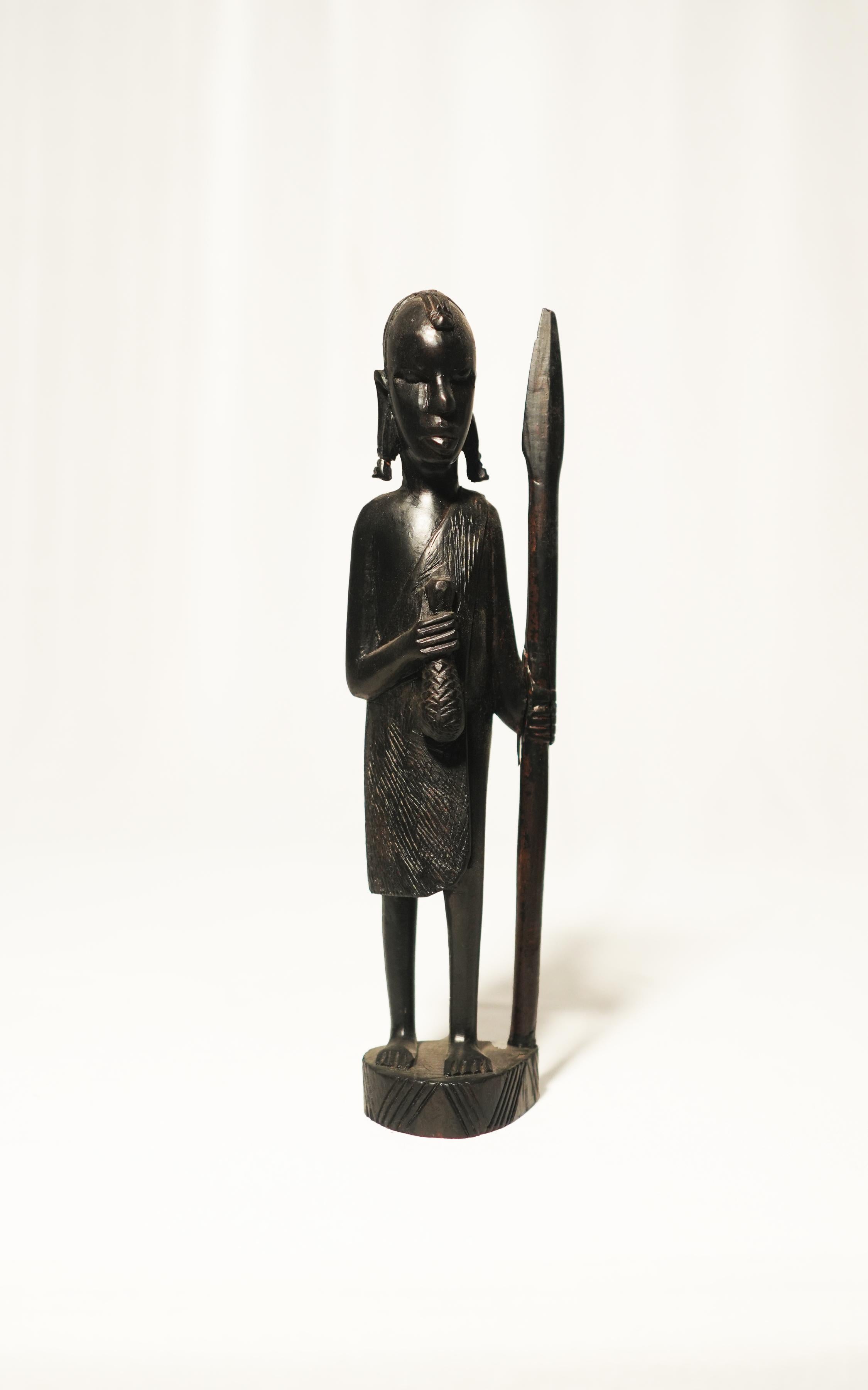 Hand-Carved African Ebony Wood Warrior with Spear Figurine