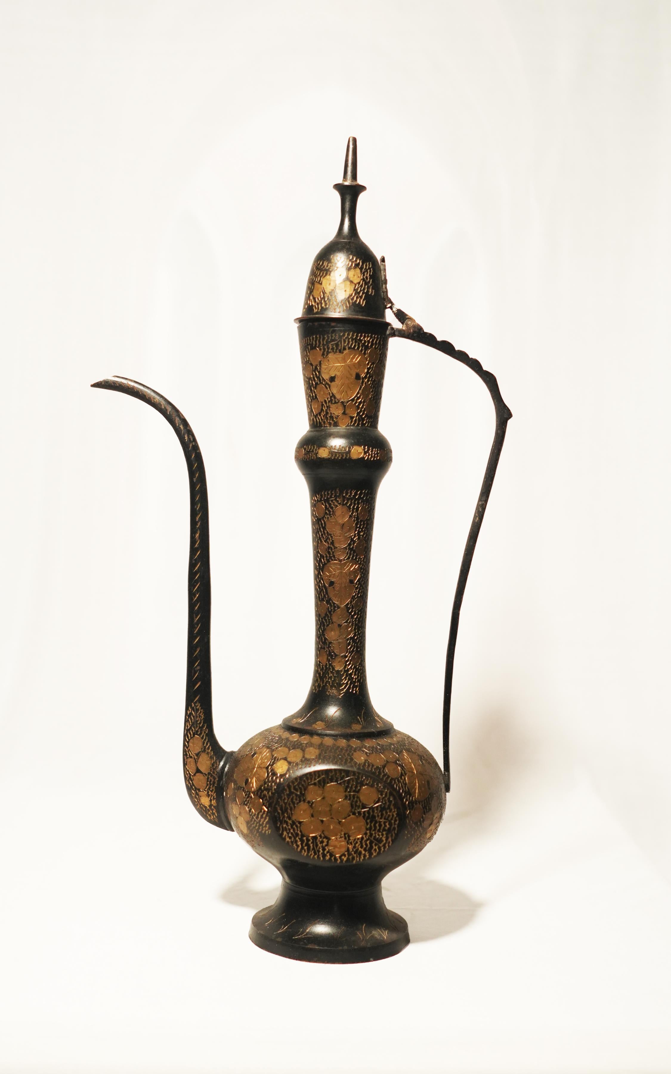 Vintage Indian / Middle Eastern Black Etched Brass Aftaba Pitcher