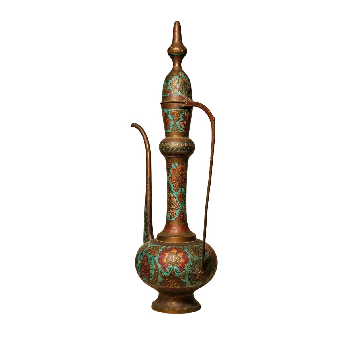 Vintage Kashmiri Etched Brass Aftaba / Enamelled Surahi Pitcher