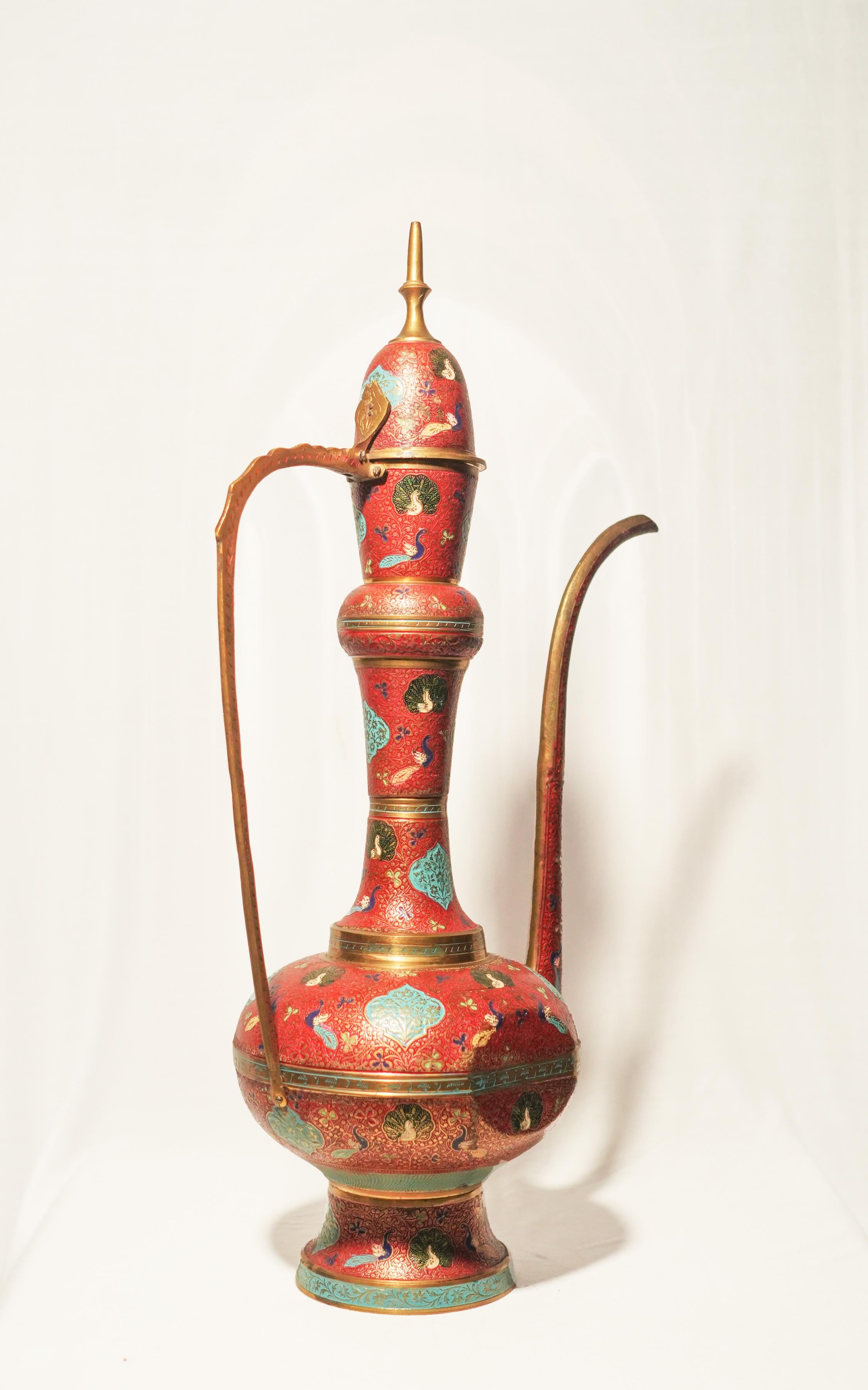 Vintage Indian Etched Red and Turquoise Enamel Brass Aftaba