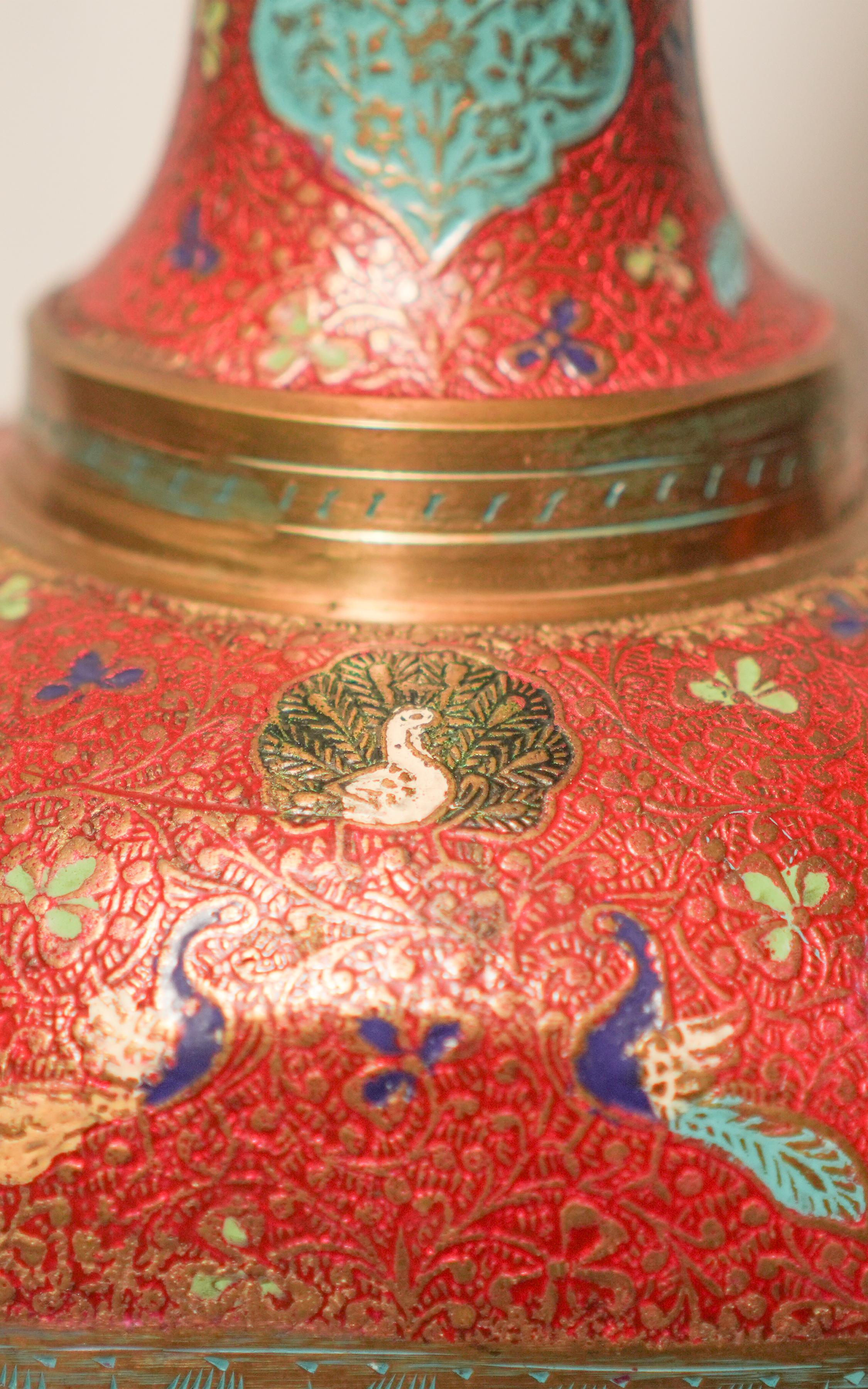 Vintage Indian Etched Red and Turquoise Enamel Brass Aftaba