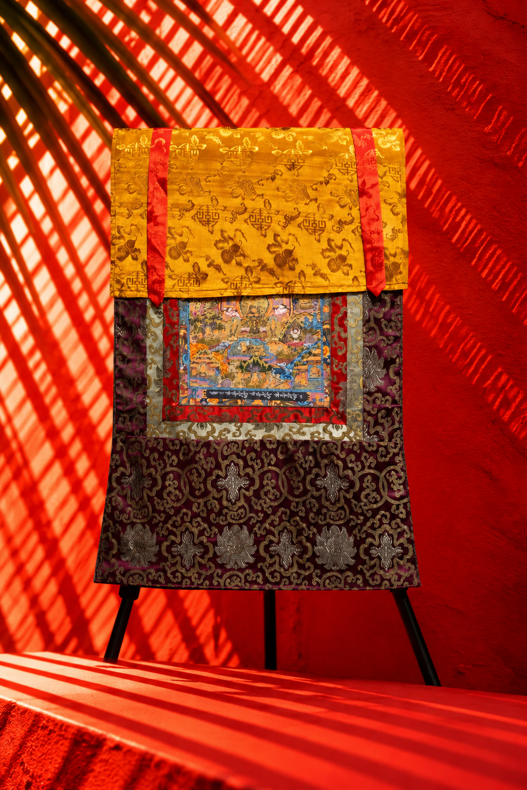 Traditional Tibetan Buddhist Thangka Tapestry with Ornate Brocade
