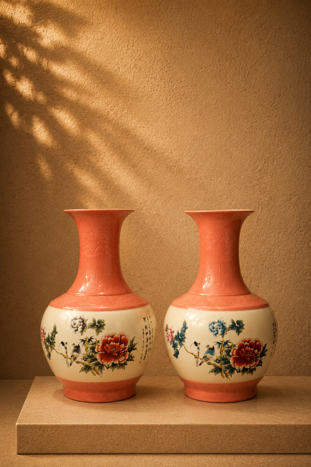 Chinese Bird & Peony Porcelain Vase Set