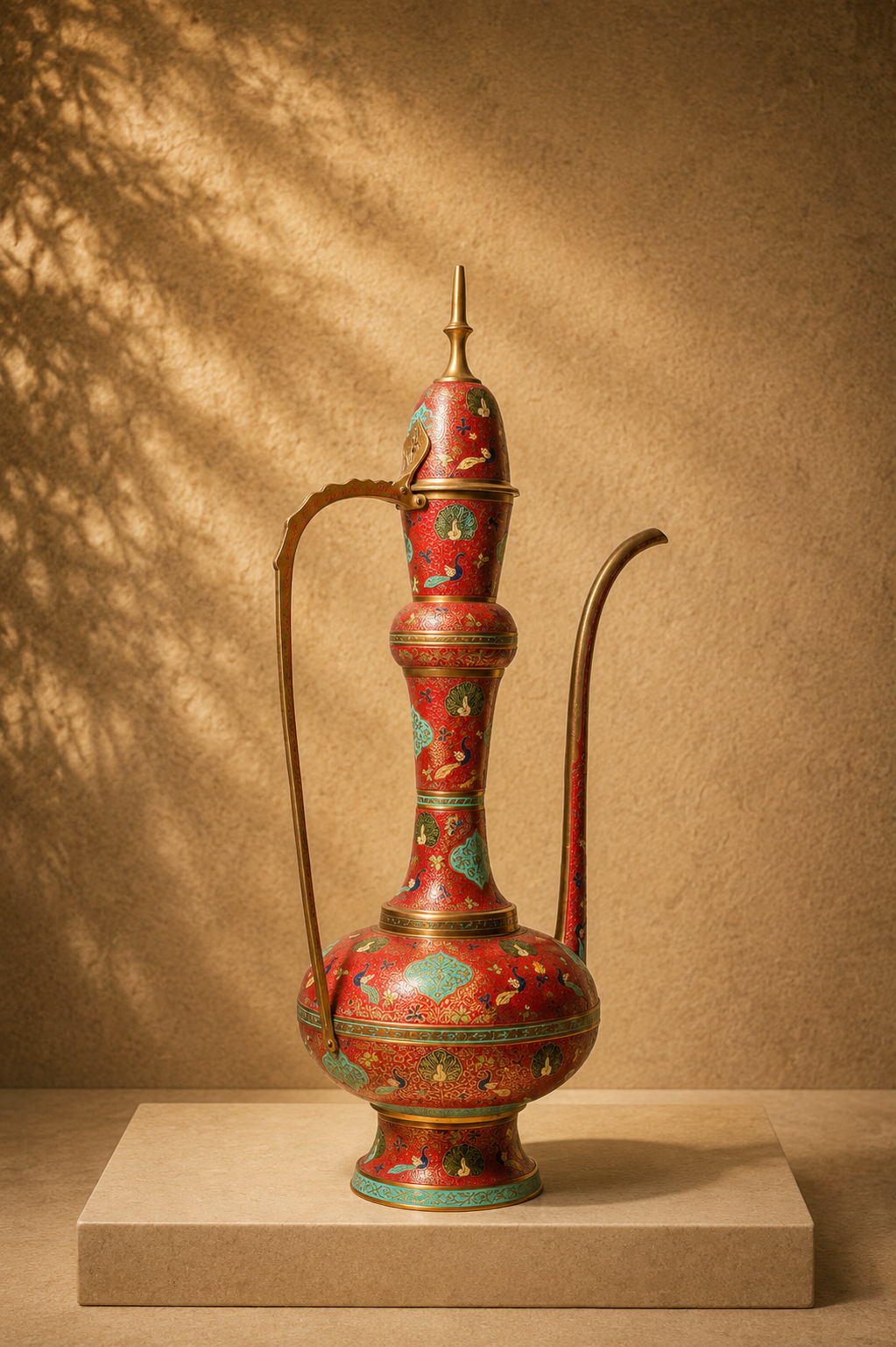 Vintage Indian Etched Red and Turquoise Enamel Brass Aftaba