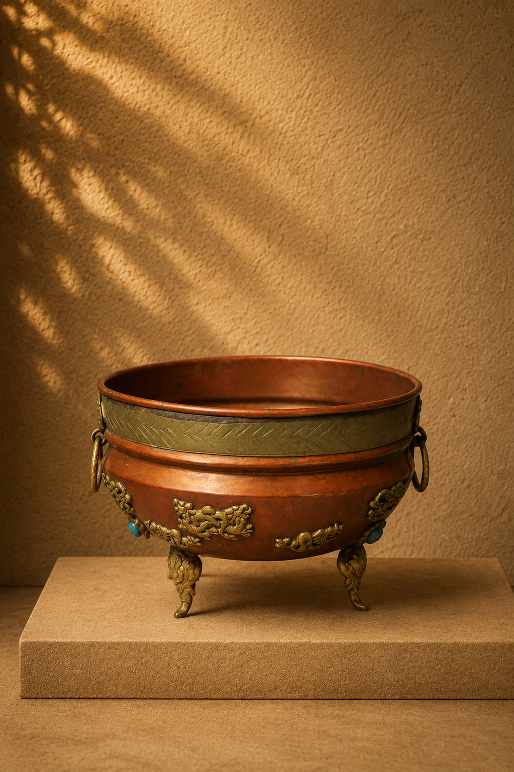 Antique Tibetan Style Footed Copper Bowl with Brass Dragon Overlay