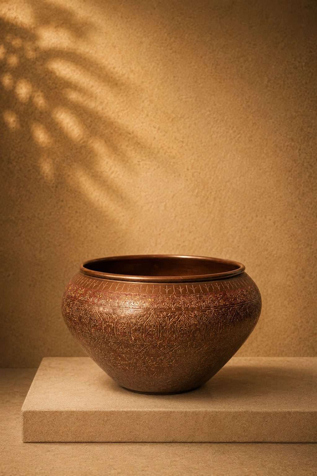 Vintage Persian Style Etched Copper Kashkul / Ritual Basin